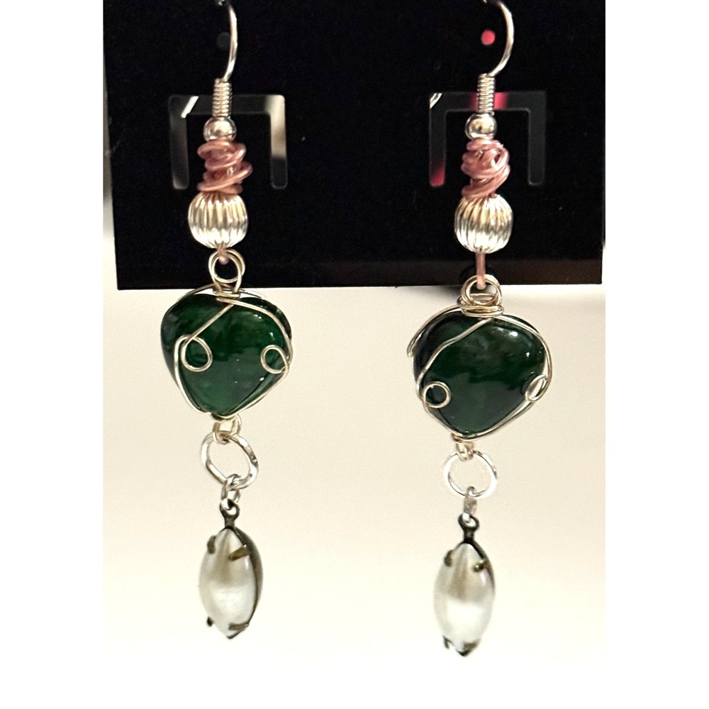 New Handmade‎ green wire wrap tear drop earrings jewelry fairycore pierced ears